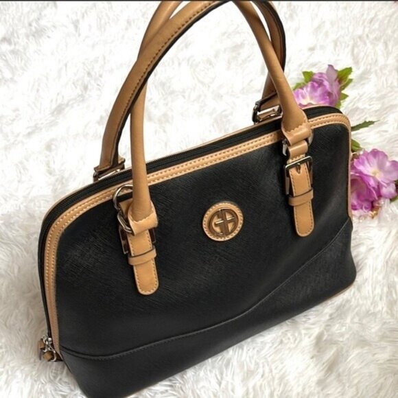 GIANI BERNINI saffiano faux-leather dome satchel crossbody bag -Black/Beige - Picture 11 of 11